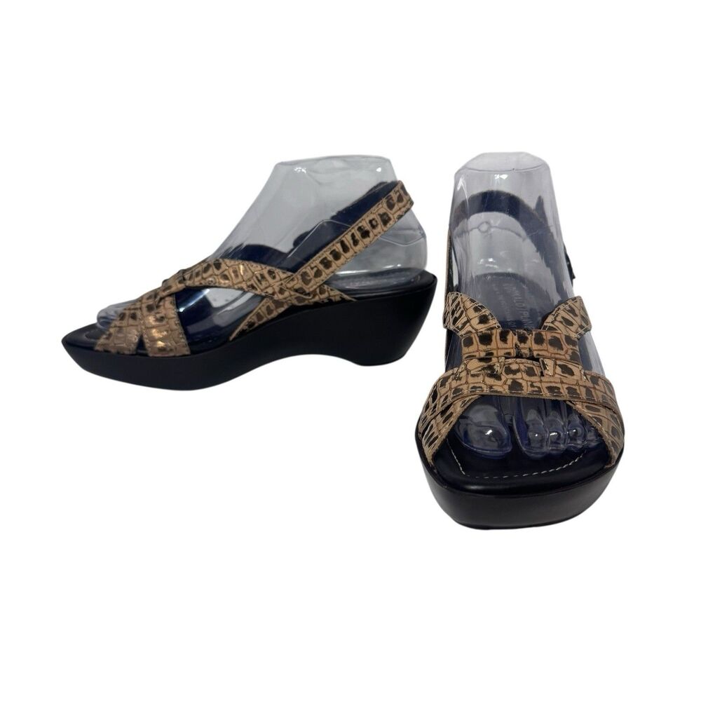 Donald Pliner Brown Print Spotted Leather Wedge Slingback Buckle Sandals Sz 7M